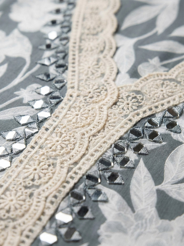 Printed Chanderi Unstitched Suit With Pant &amp; Dupatta