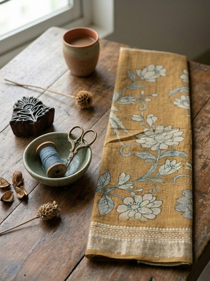 Embroidered Linen Blend Unstitched Suit With Pant &amp; Dupatta
