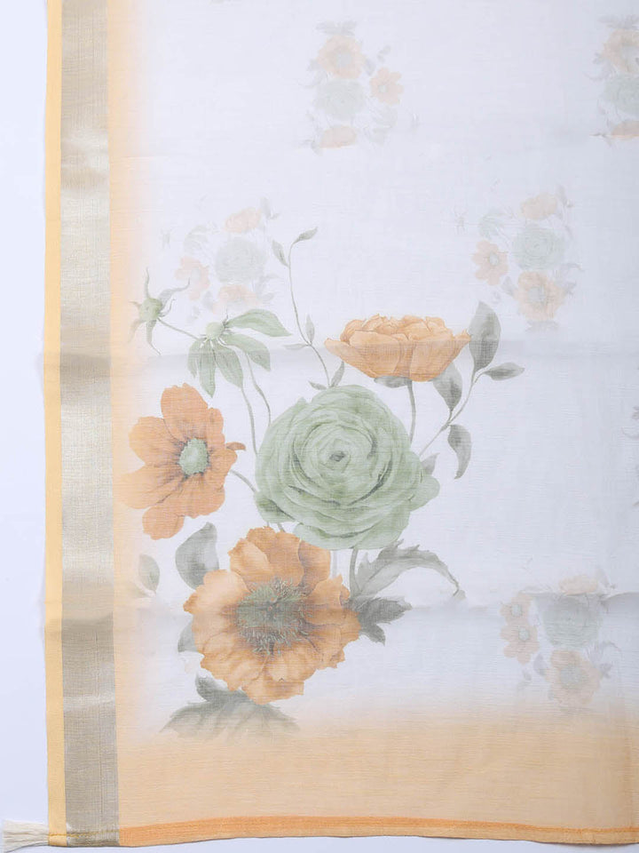 Printed Linen Blend Unstitched Suit With Pant &amp; Dupatta