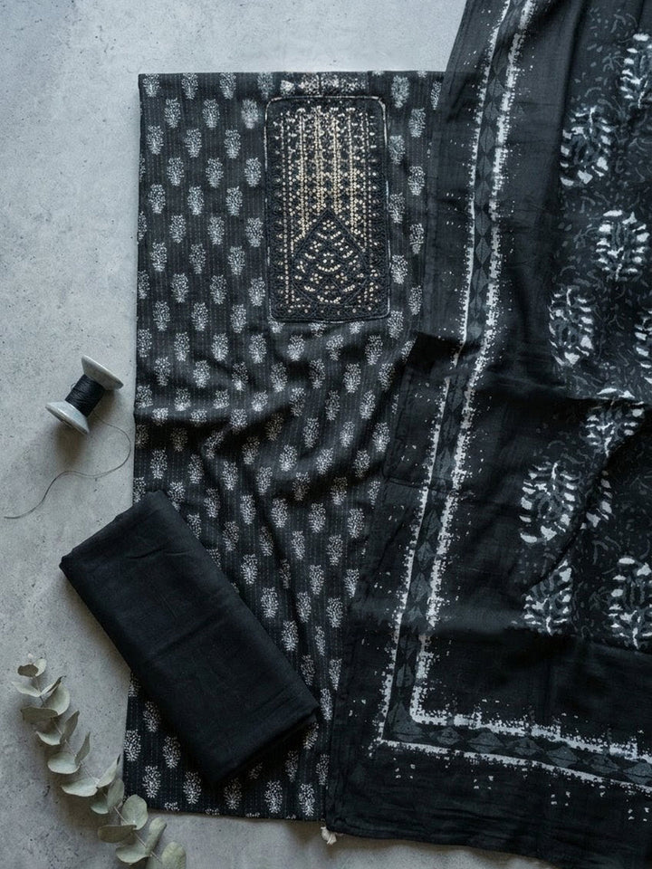 Embroidered Cotton Blend Unstitched Suit With Pant &amp; Dupatta