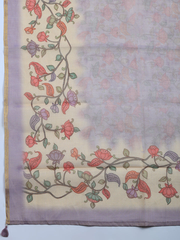 Printed Linen Blend Unstitched Suit With Pant &amp; Dupatta
