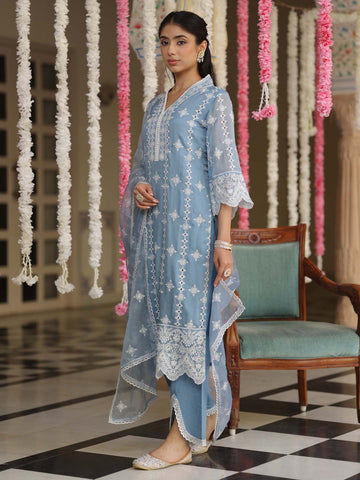 Embroidered Organza Kurta With Pants & Dupatta