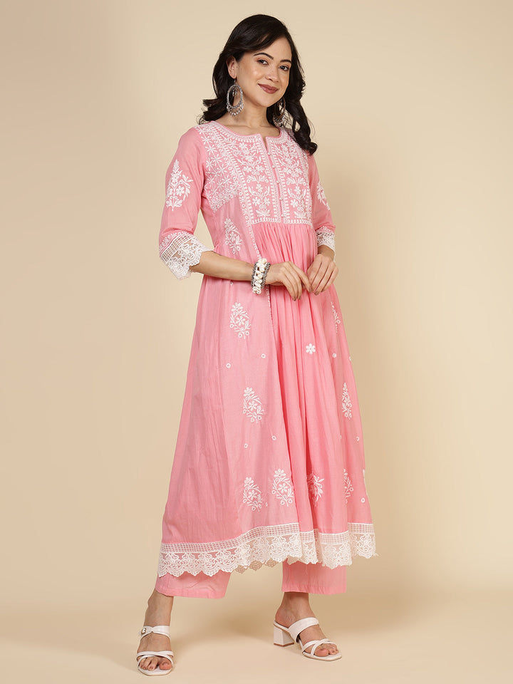 Embroidered Cotton Blend Kurta With Pants &amp; Dupatta