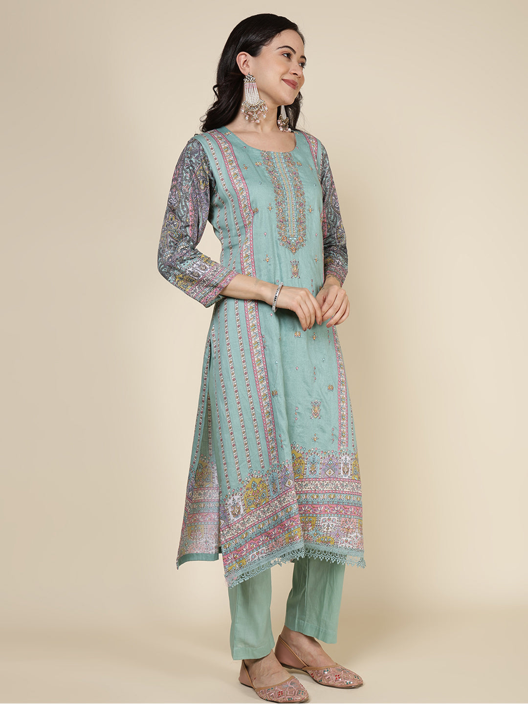 Printed Cotton Blend Kurta With Pants &amp; Dupatta