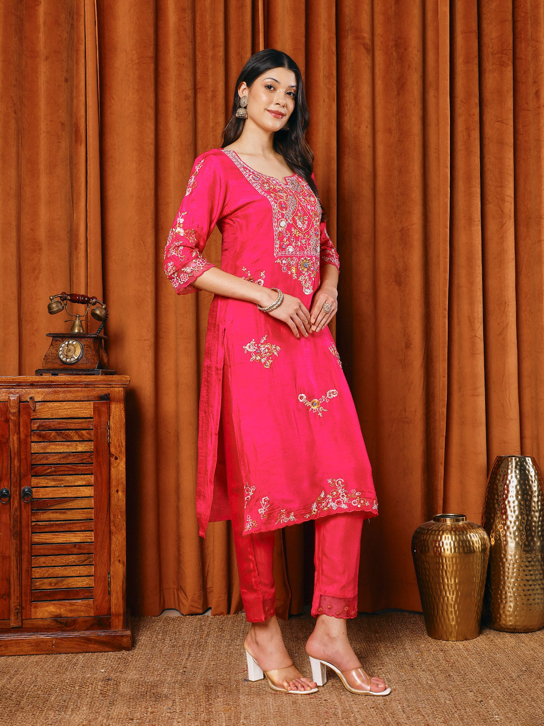 Resham Work Art Silk Kurta With Pants &amp; Dupatta