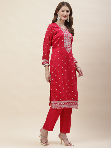 Resham Sequin Embroidered Art Silk Kurta With Pants & Dupatta