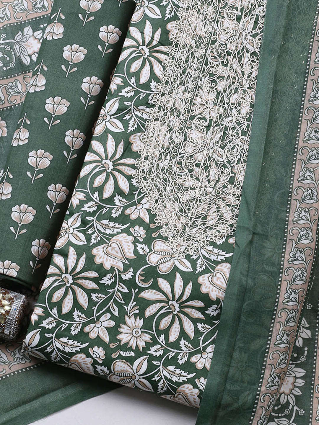 Printed Cotton Blend Unstitched Suit With Pant &amp; Dupatta