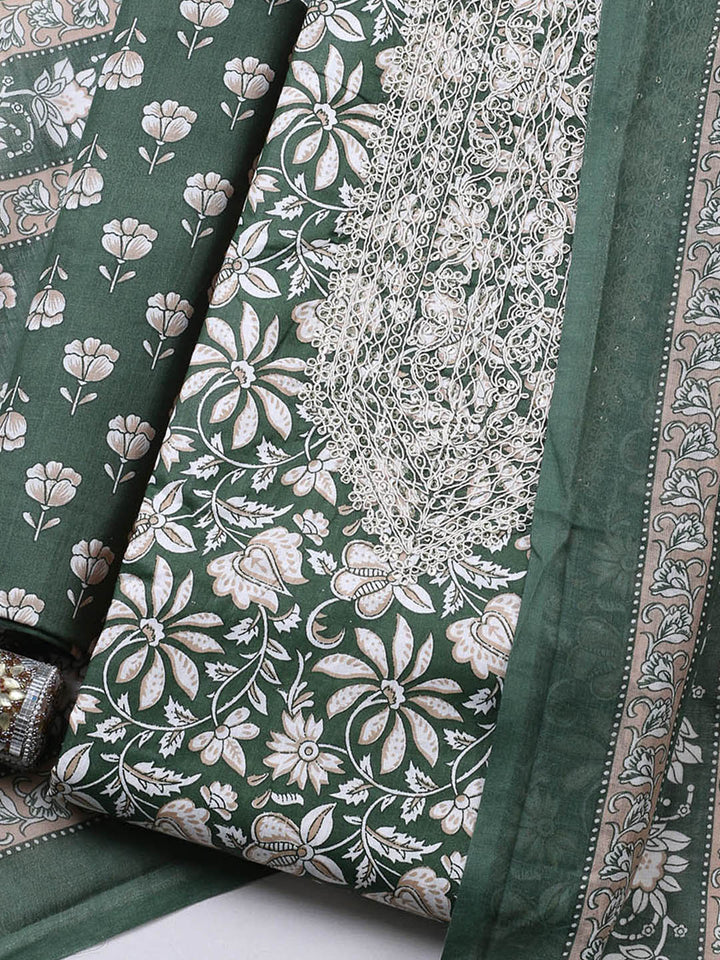 Printed Cotton Blend Unstitched Suit With Pant &amp; Dupatta