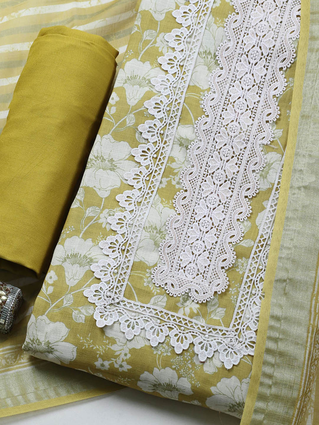 Embroidered Linen Blend Unstitched Suit With Pant &amp; Dupatta