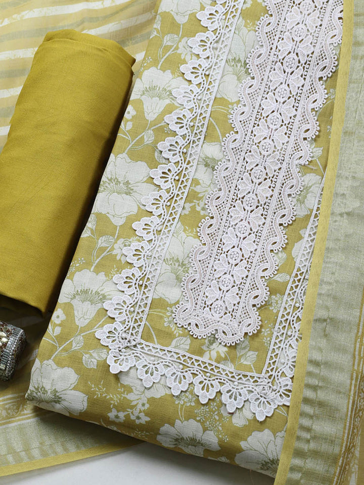 Embroidered Linen Blend Unstitched Suit With Pant &amp; Dupatta