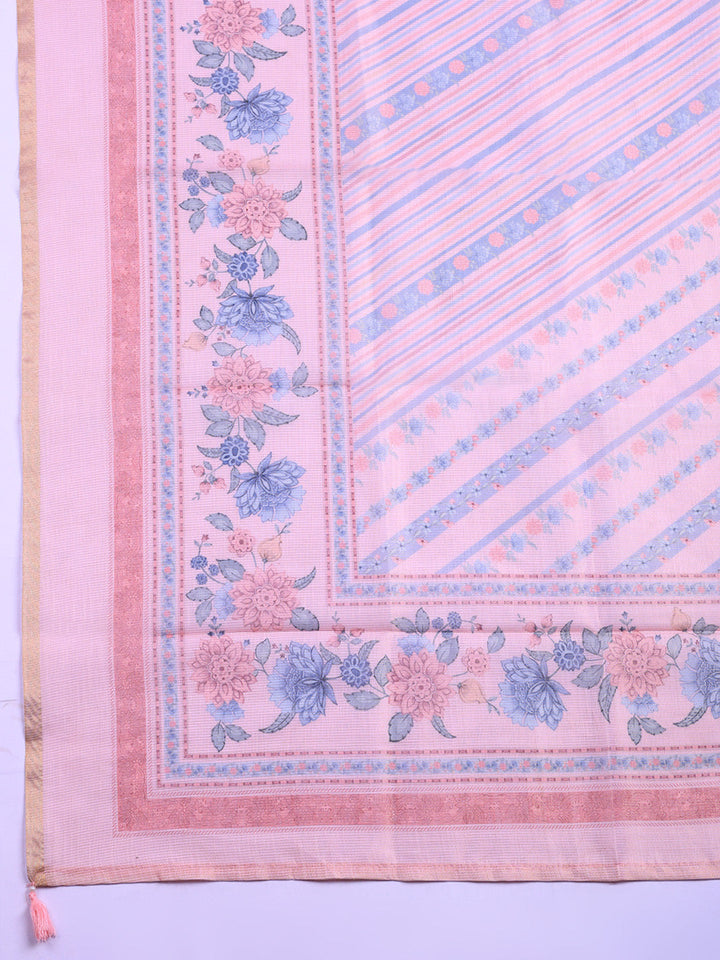 Printed Linen Blend Unstitched Suit With Pant &amp; Dupatta