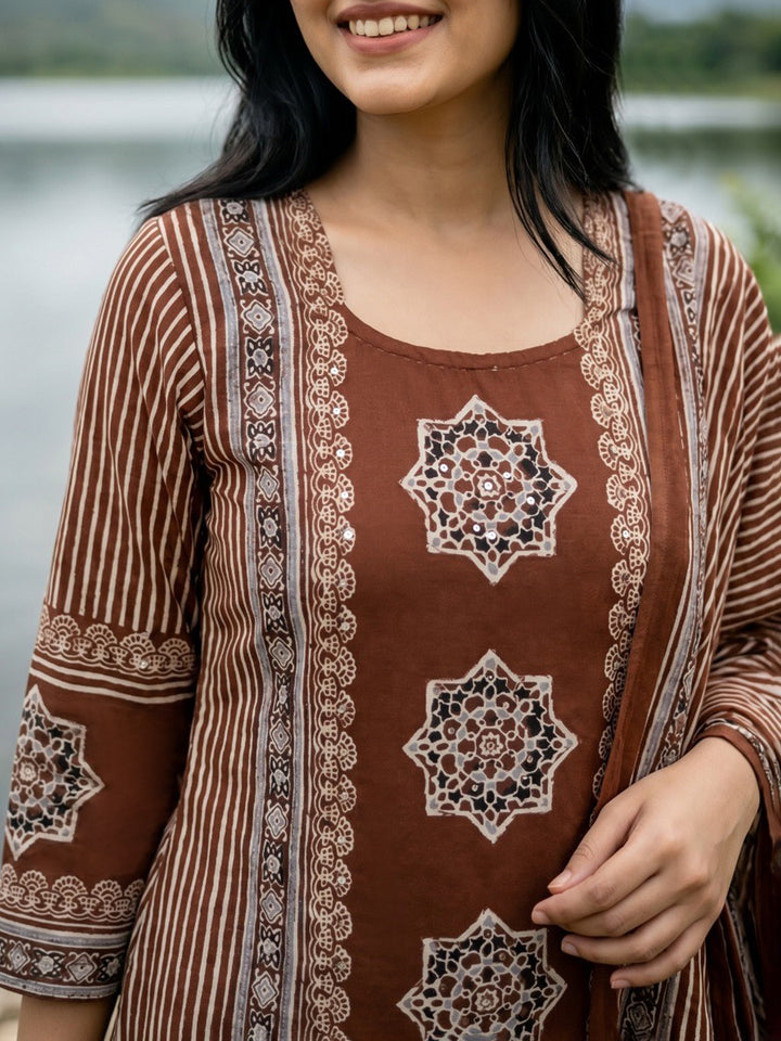 Brown Printed Cotton Blend Straight Round Neck Suit Set