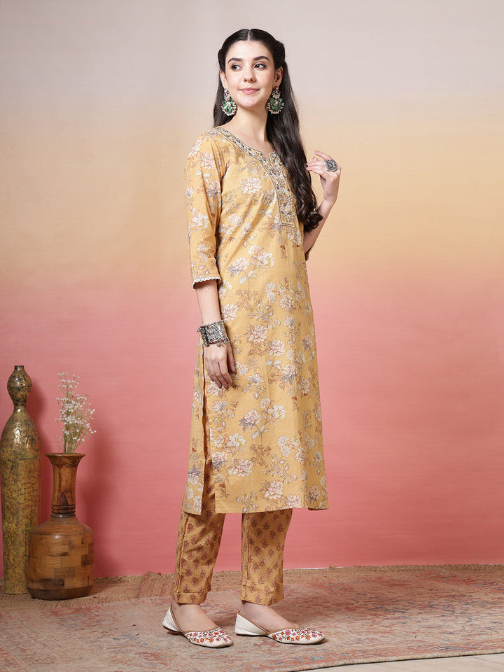 Embroidered Cotton Kurta With Pant &amp; Dupatta
