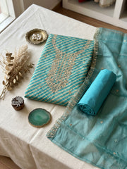 Neck Embroidered Organza Unstitched Suit With Dupatta