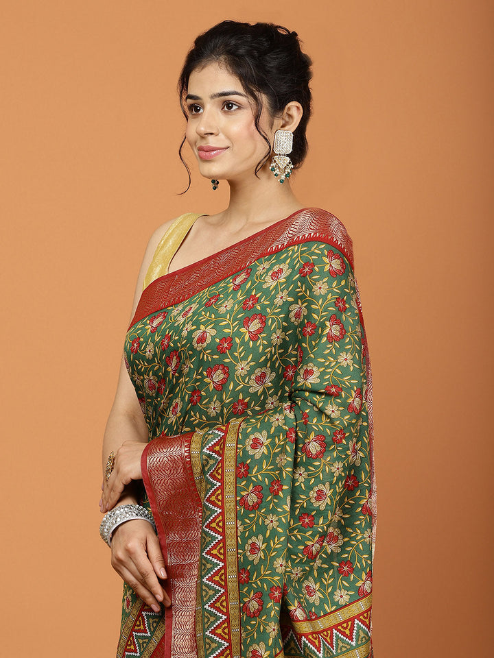 Floral Zari Border Printed Art Silk Woven Saree