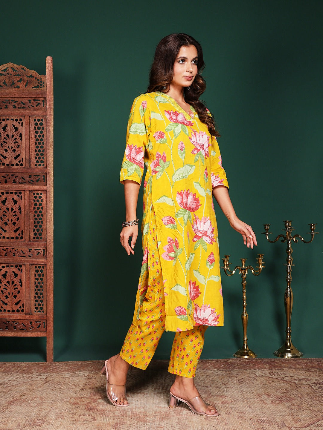 Floral Printed Cotton Blend Kurta With Pant &amp; Dupatta