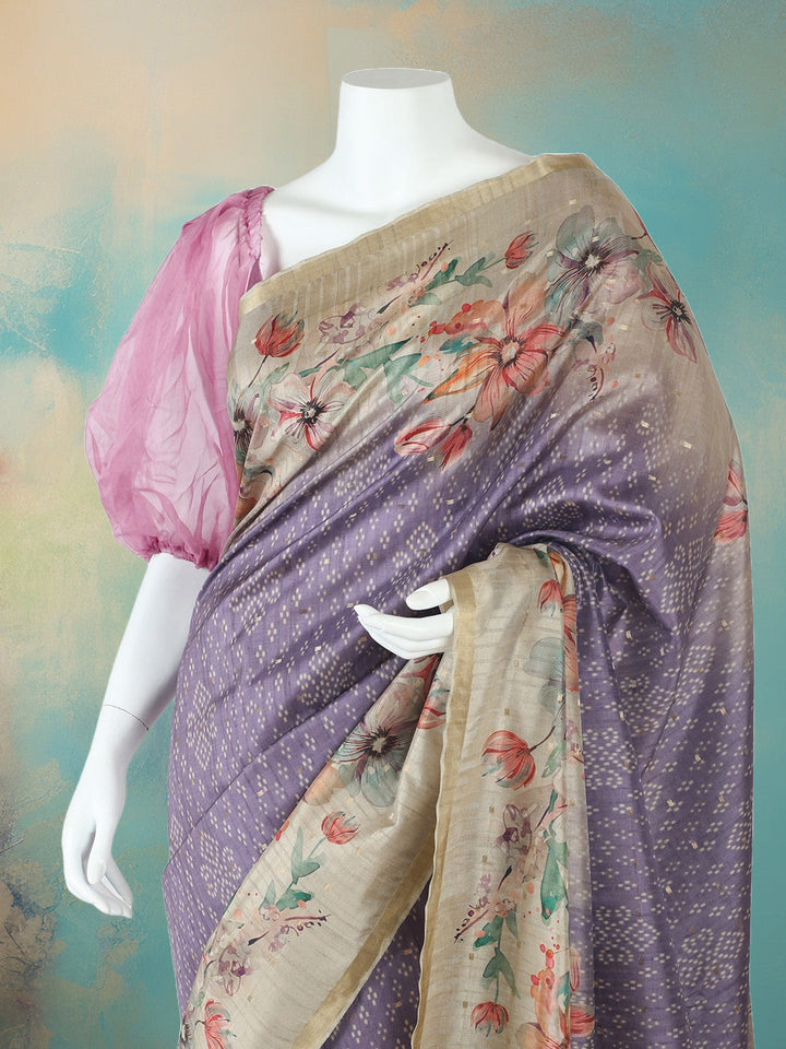 Floral &amp; Bandhani Printed Art Silk Saree