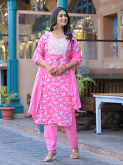 Floral Printed Cotton Kurta With Pants & Dupatta