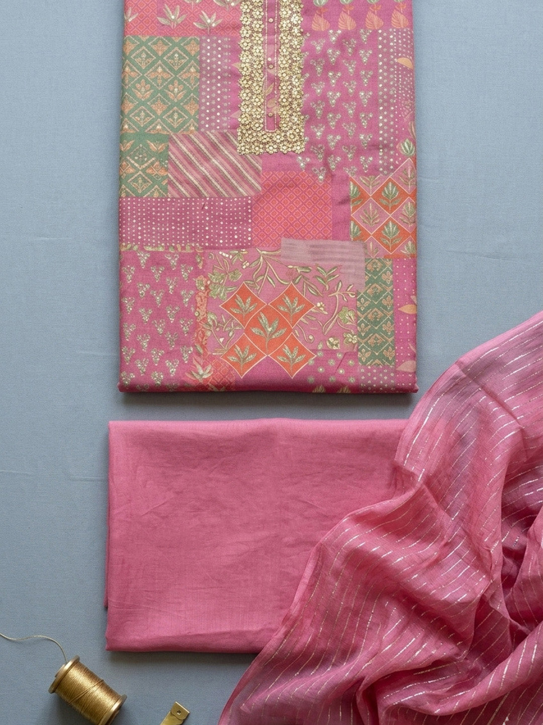 Embroidered Cotton Blend Unstitched Suit With Pant &amp; Dupatta