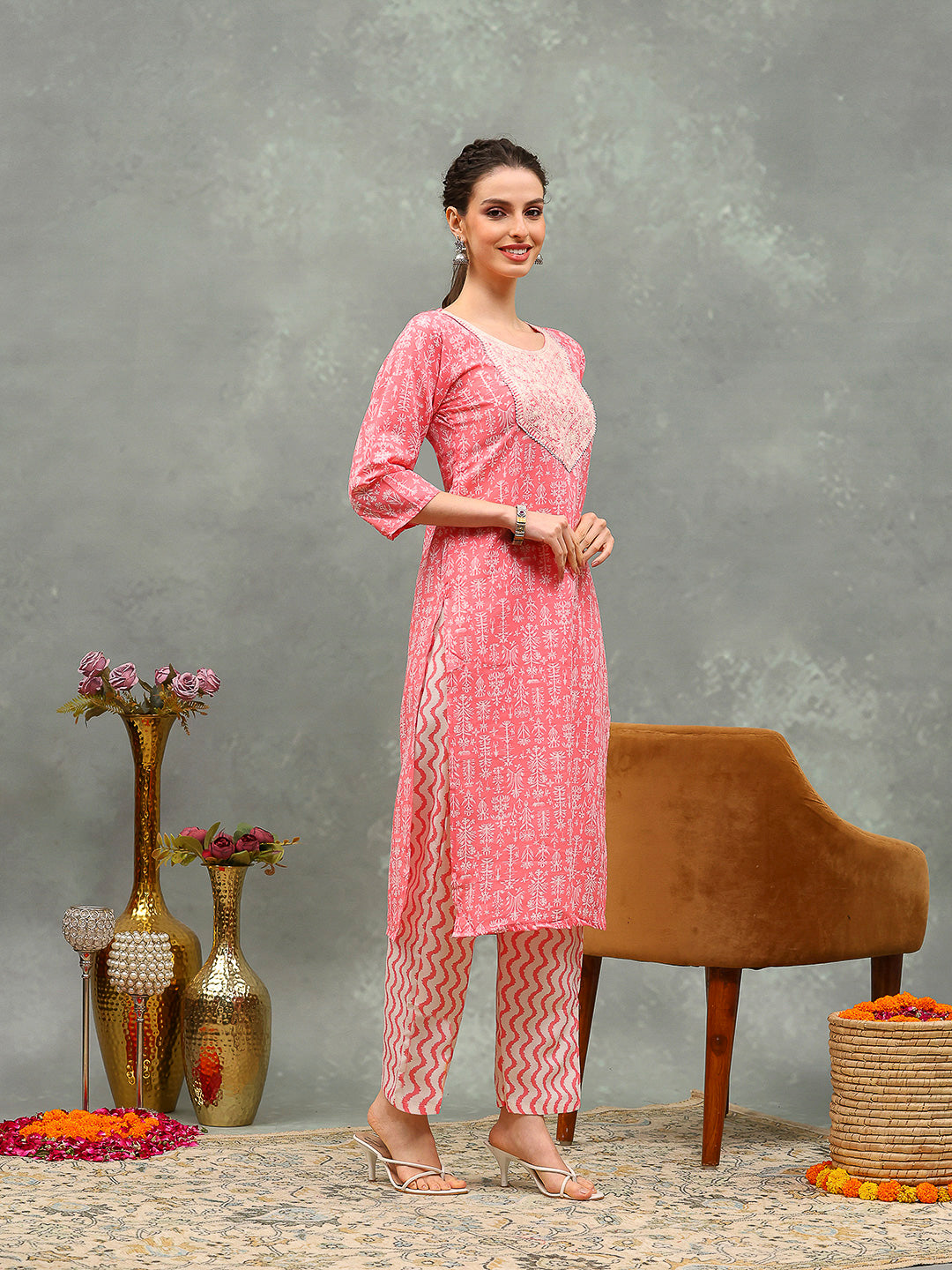 Printed Cotton Blend Kurta With Pants &amp; Dupatta