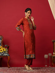 Printed Muslin Maroon Kurta With Pant & Dupatta