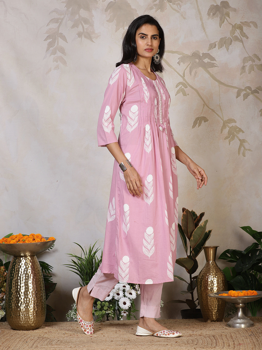 Printed Cotton Blend Kurta With Pants & Dupatta