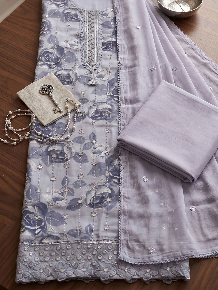 Printed Cotton Blend Unstitched Suit With Dupatta