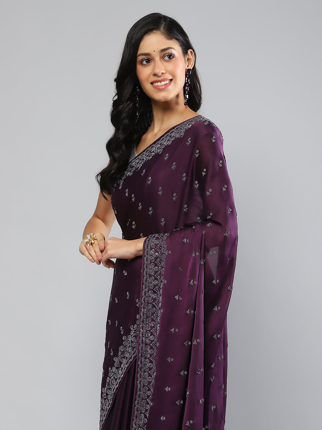 Stone Work Embellished Satin Saree