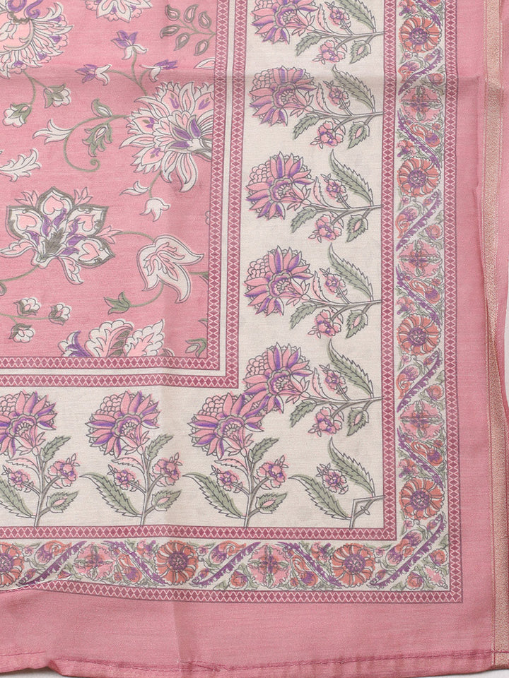 Printed Chanderi Unstitched Suit With Pant &amp; Dupatta