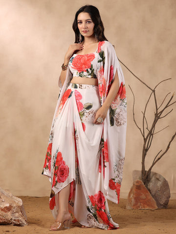 Printed Crepe Cape And Dhoti Skirt Set
