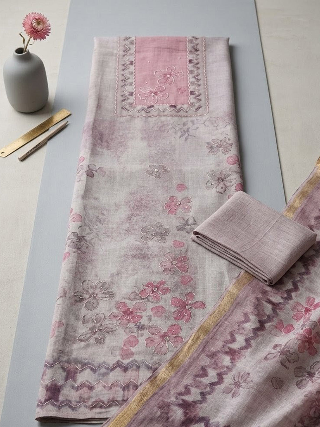 Printed Linen Blend Unstitched Suit With Pant &amp; Dupatta