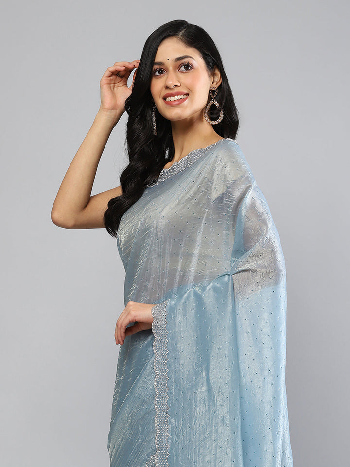 Swarovski Border Art-Chiffon Organza Plain Saree