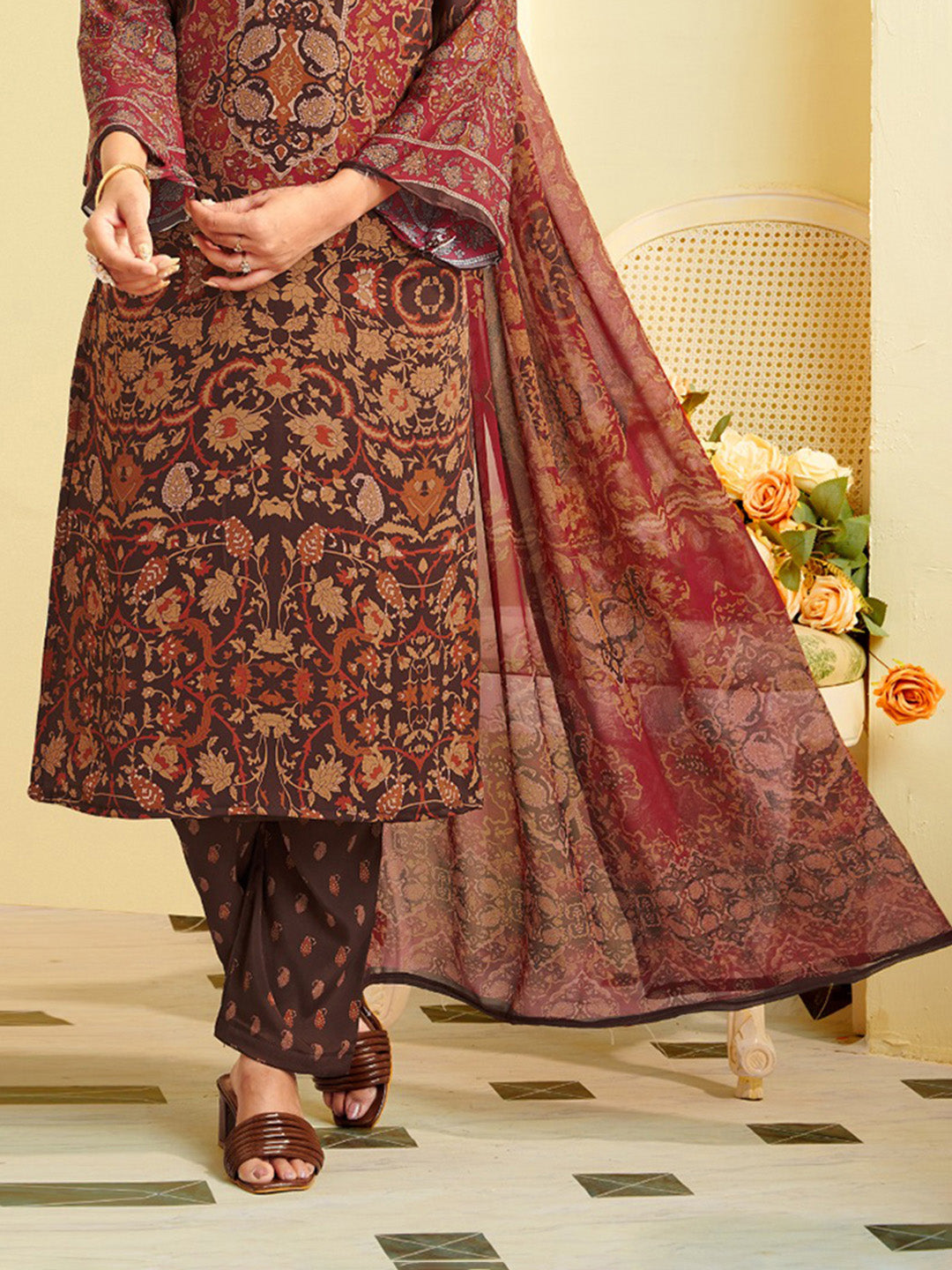 Printed Crepe Unstitched Suit With Pant &amp; Dupatta