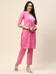 Neck Embroidery Cotton Kurta With Pants & Dupatta