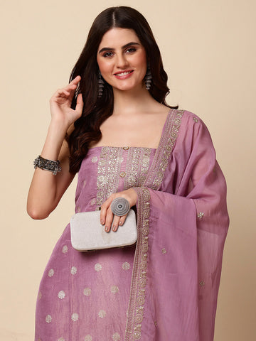 Neck Embroidered Chanderi Unstitched Suit With Dupatta