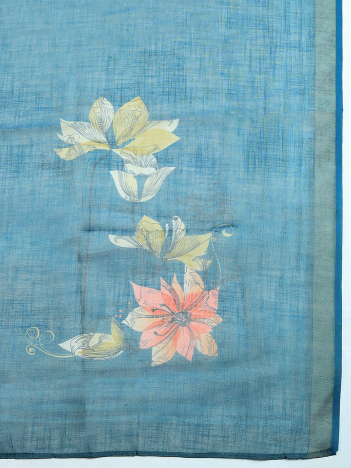 Printed Linen Blend Unstitched Suit With Pant &amp; Dupatta