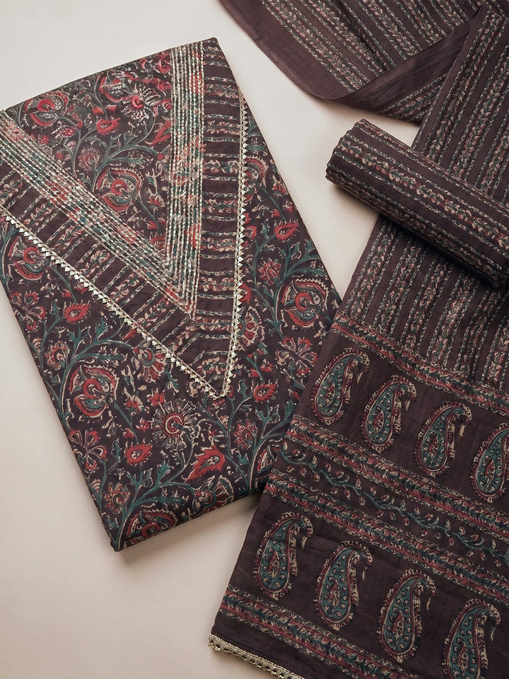 Printed Cotton Blend Unstitched Suit With Pant &amp; Dupatta