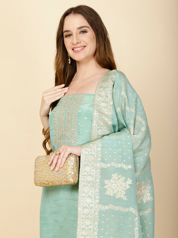 Neck Embroidery & Woven Chanderi Unstitched Suit Piece With Dupatta