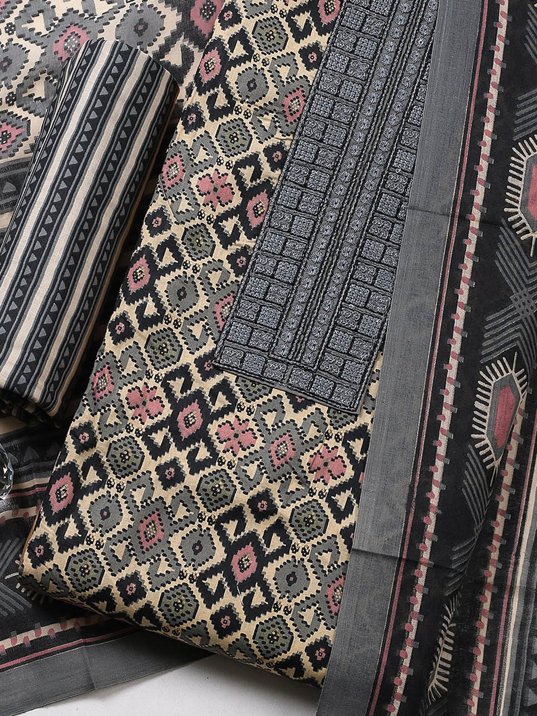 Printed Cotton Blend Unstitched Suit With Pant &amp; Dupatta