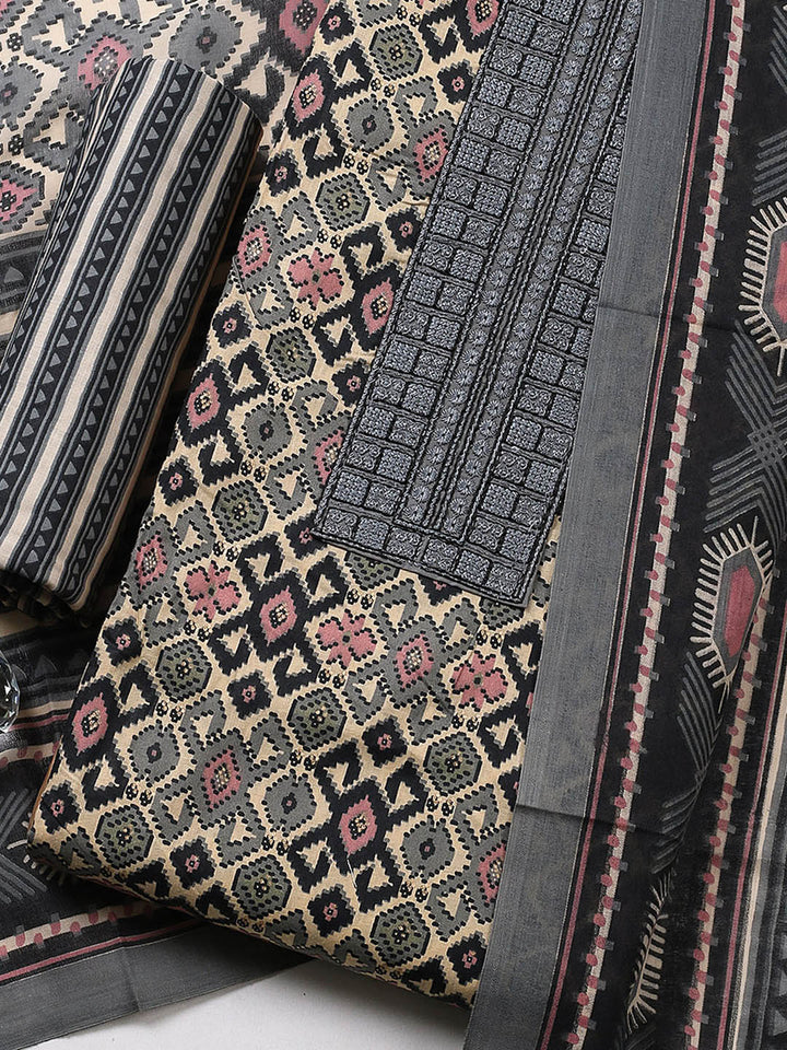 Printed Cotton Blend Unstitched Suit With Pant &amp; Dupatta