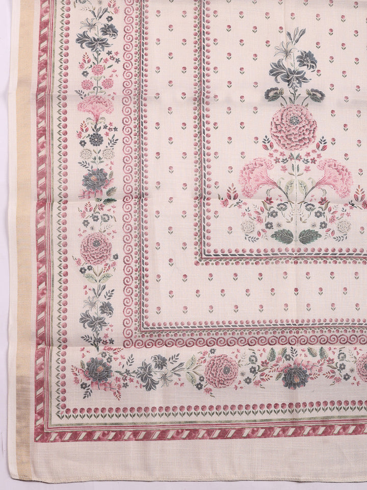 Printed Linen Blend Unstitched Suit With Pant &amp; Dupatta