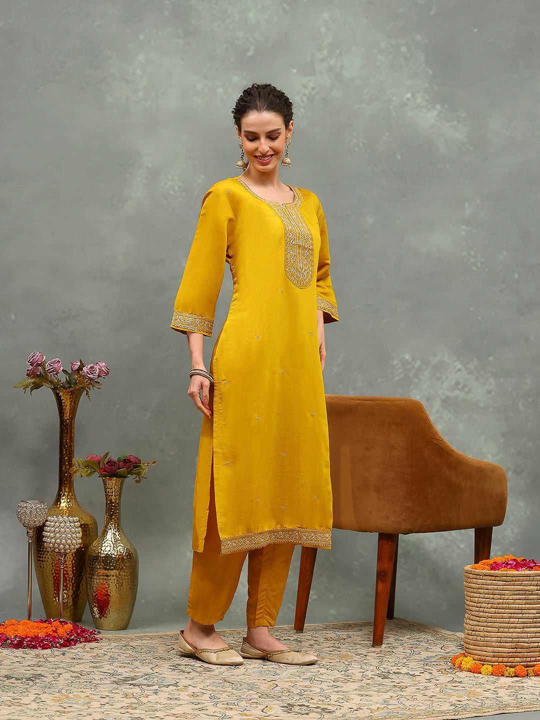Printed Embroidery Cotton Blend Kurta With Pants &amp; Dupatta