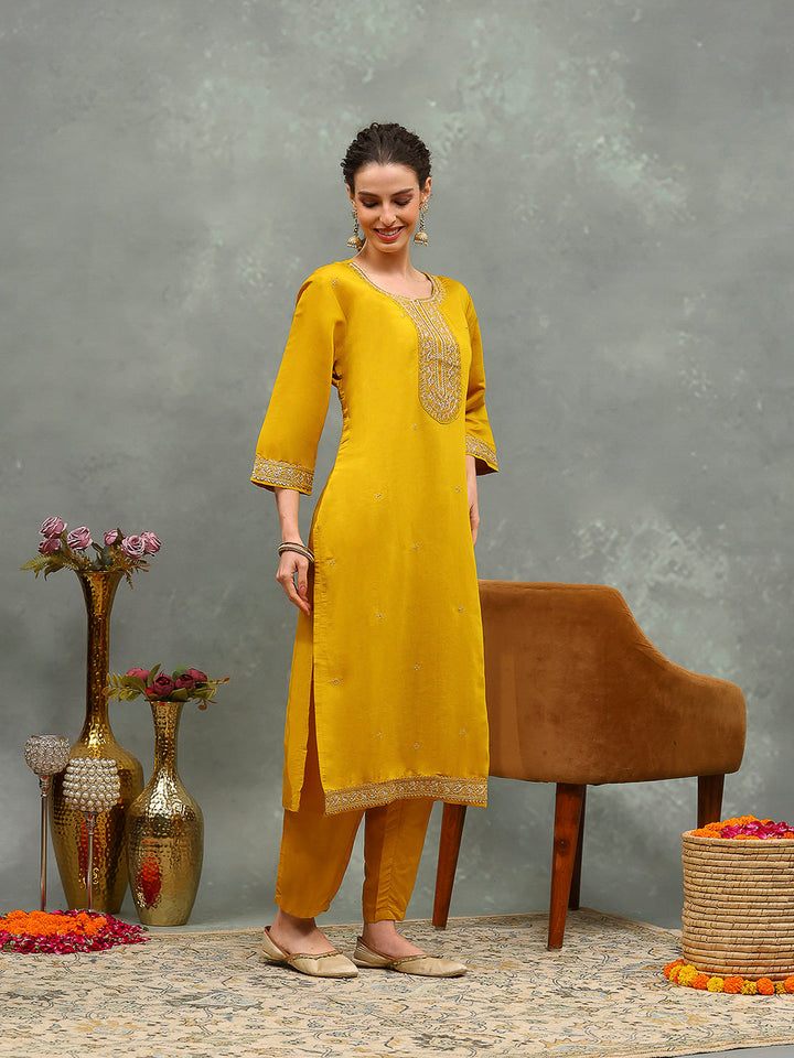 Printed Embroidery Cotton Blend Kurta With Pants &amp; Dupatta