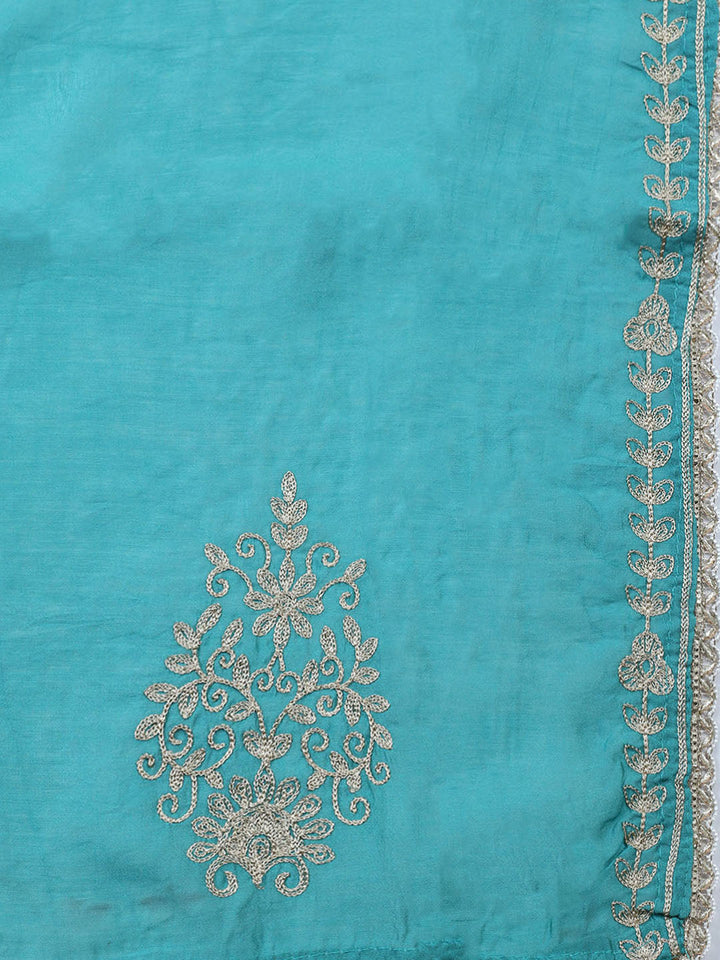 Embroidered Chanderi Unstitched Suit With Pant &amp; Dupatta