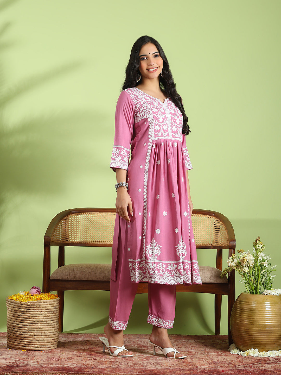 Embroidered Cotton Kurta With Pant &amp; Dupatta