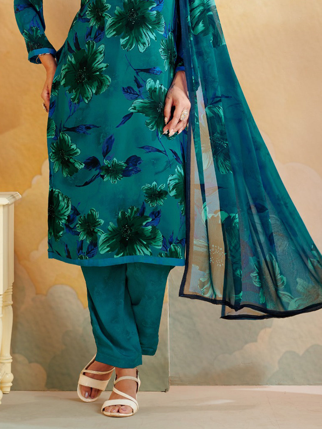 Printed Crepe Unstitched Suit With Pant &amp; Dupatta