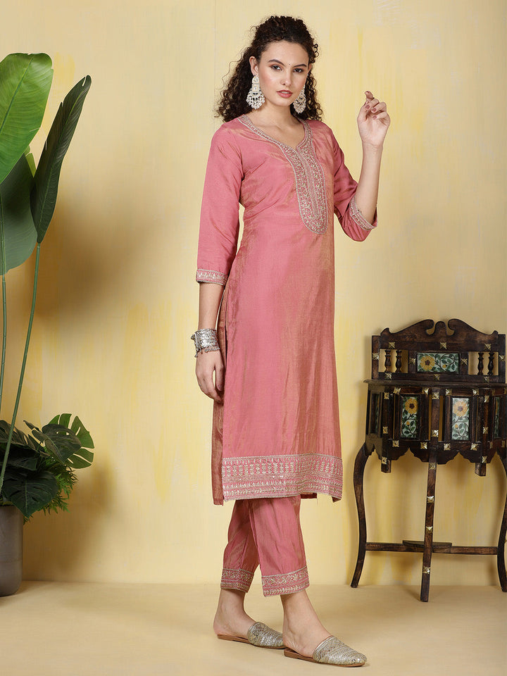 Neck Zari Embroidered Chanderi Kurta With Pants &amp; Dupatta