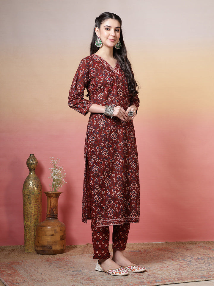Embroidered Cotton Kurta With Pant &amp; Dupatta