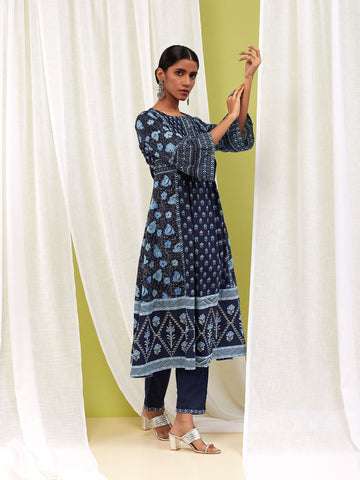 Floral Printed Cotton Anarkali Kurta With Pants