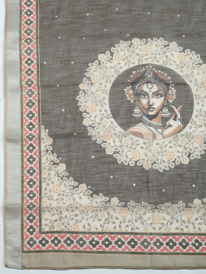 Printed Linen Blend Unstitched Suit With Pant &amp; Dupatta